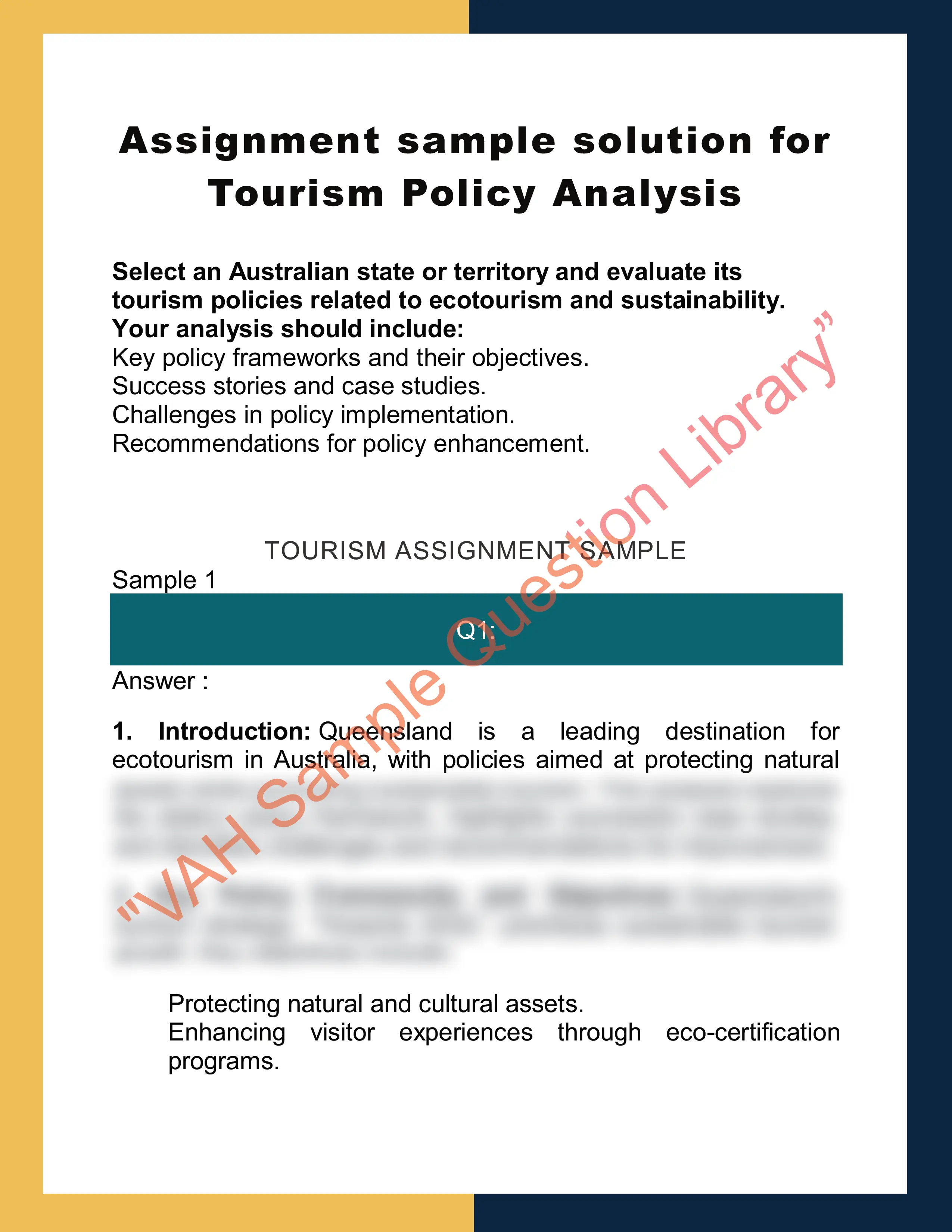 Assignment sample solution for Tourism Policy Analysis 0